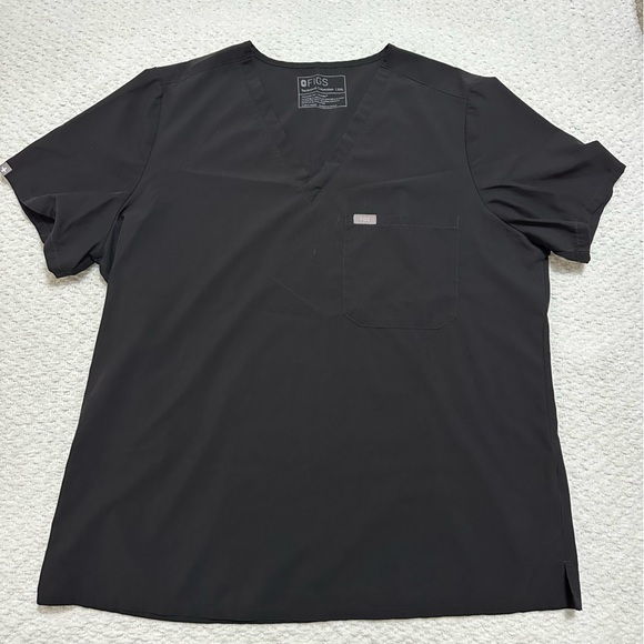 Figs Tops - Figs Scrub Top Black Short Sleeve 1 Pocket V-Neck Size XXL